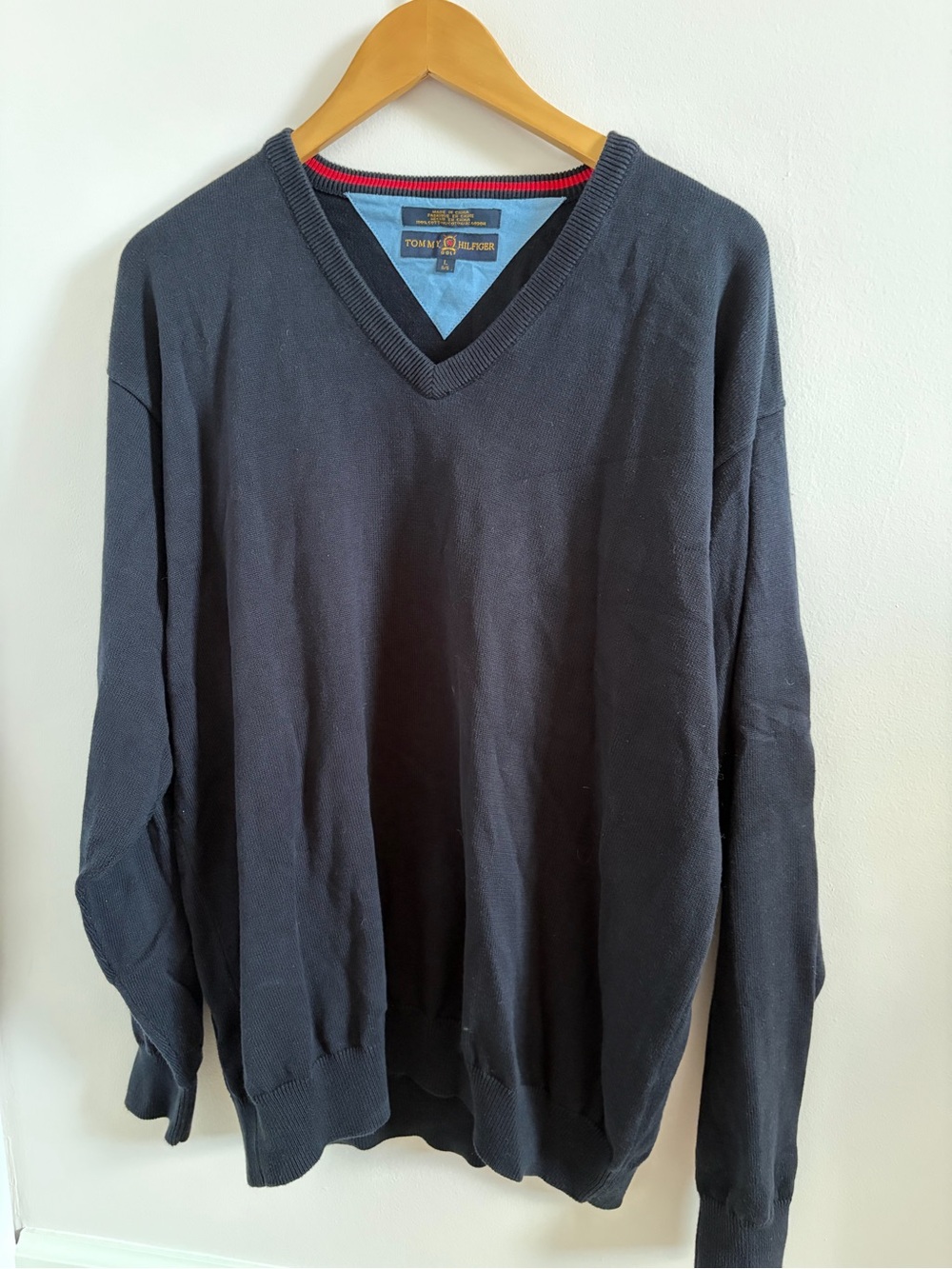 Tommy Hilfiger Men's Dark Navy V-Neck Sweater with Subtle Red Trim